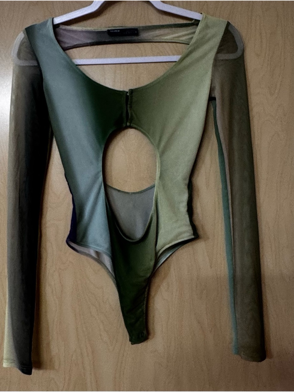 Pull&Bear Olive Green Sheer Sleeve Cutout Bodysuit